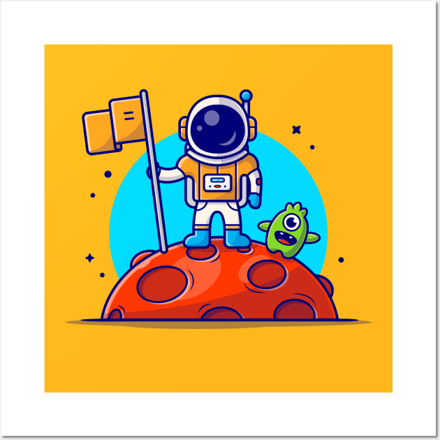 Cute Astronaut Standing Holding Flag on Moon with Cute Alien Space Cartoon Vector Icon Illustration Wall Art by Catalyst Labs